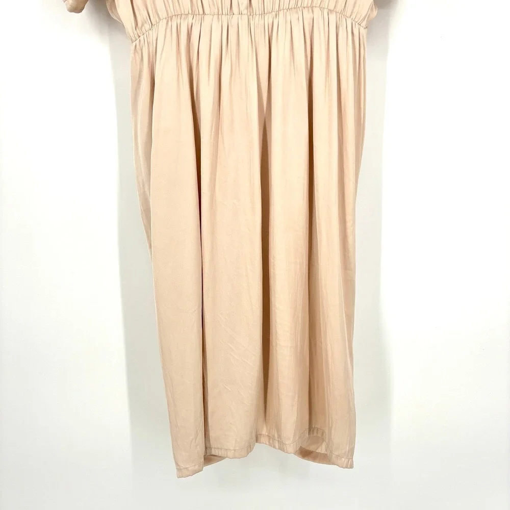 NWT Aakaa Satin Ruched‎ Midi Dress Sheath V Neck Champagne Beige Lined Draped L - Picture 12 of 14